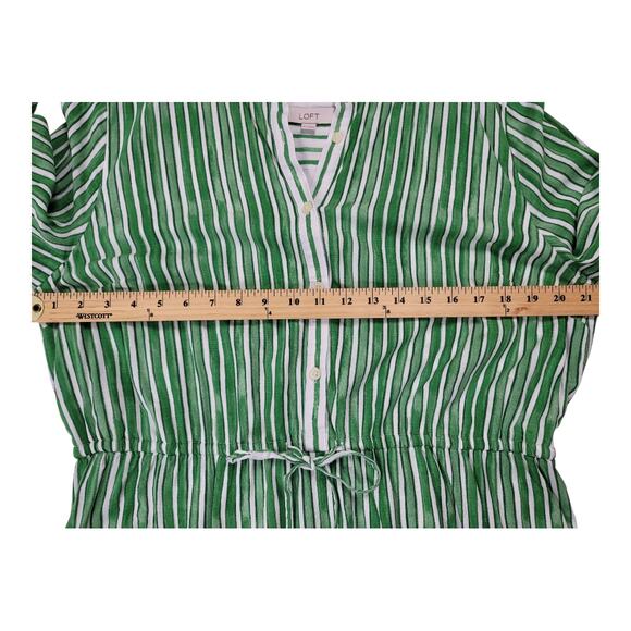 Loft Women's White Green Striped Tab Sleeve Button Flounce Dress - Picture 10 of 12